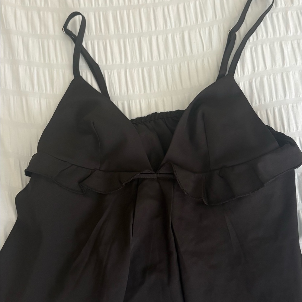 PrettyLittleThing Black Satin Ruffle Cami Top